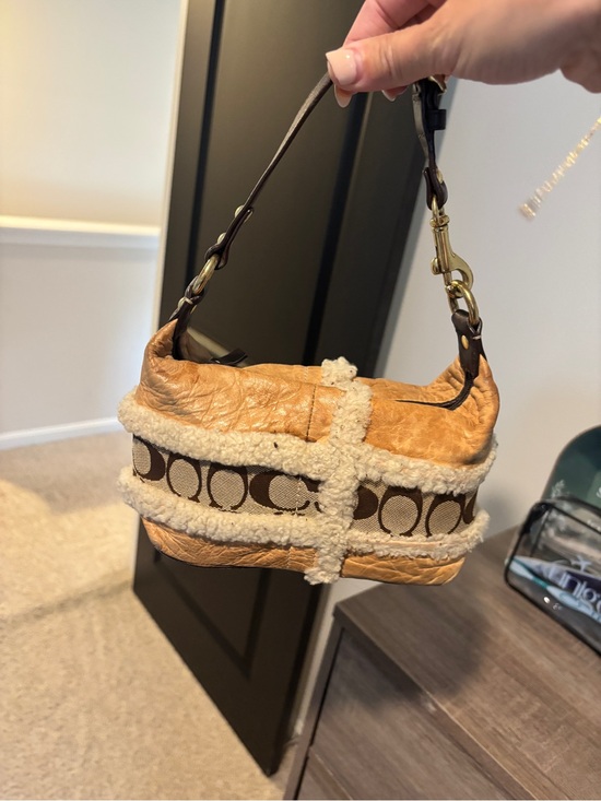 Coach Handbags - Coach Tan Leather Mini Hobo with Cream Shearling & Brown Signature Stripe
